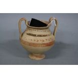 A MAGNA GRAECIA TWIN HANDLED OLPE, decorated with bands of red and brown and band of red hearts,