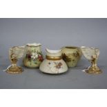 A PAIR OF ROYAL WORCESTER SHELL AND CORAL SHAPED POSY VASES, ivory and blush ground, printed and