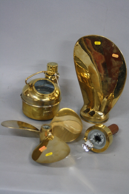 A SMALL COLLECTION OF BRASS NAUTICAL ITEMS, including a brass cased ships compass, a Henry