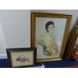 A LARGE WATERCOLOUR OF A 'LADY' IN YELLOW DRESS SEATED, indistinctly signed, approximate size