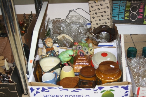 TWO BOXES CERAMICS, GLASS, CLOCK, etc, to include Royal Doulton character jug (a/f), ship in