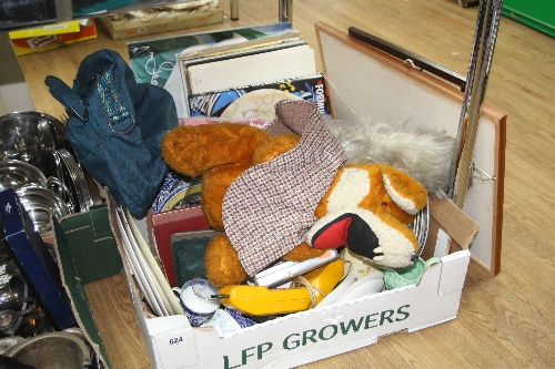 TWO BOXES OF SUNDRIES, including stamps, L.P's, books, prints, Basil Brush soft toys etc