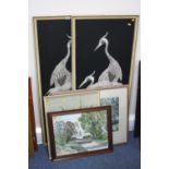 A PAIR OF BLACK SILK PANELS, embroidered with two cranes, approximately 116cm x 51cm, together