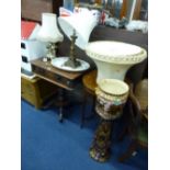 TWO TABLE LAMPS WITH SHADES, a ceramic jardiniere on stand and a meat plate (5)