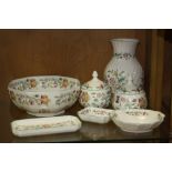 SEVEN PIECES OF MINTONS 'HADDON HALL', to include vase, pair of covered pots (one chipped to lid),