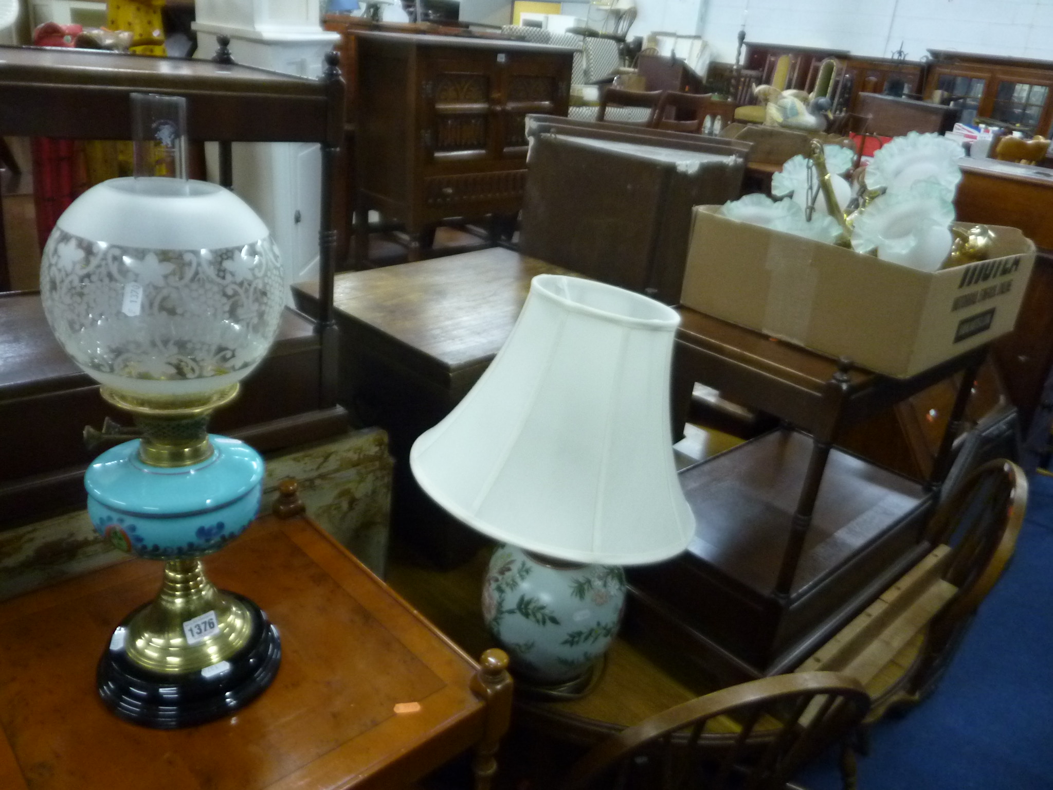 A VICTORIAN OIL LAMP, with funnel and shade, table lamp with shade and a box of various light