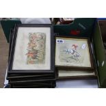 A SET OF FOUR PAINTINGS ON SILK OF COMICAL FOX HUNTING SCENES, titled, approximately 13cm square,