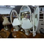 A CREAM AND GILT TRIPLE DRESSING TABLE MIRROR, three other mirrors, four various table lamps, etc (