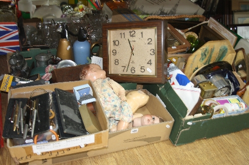 FIVE BOXES OF MISCELLANEOUS SUNDRIES, including a distressed Heubach Kopplesdorf bisque head doll,