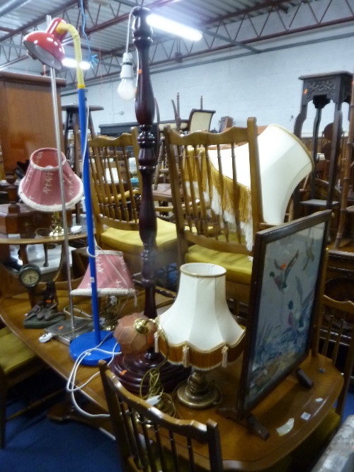 FOUR TABLE LAMPS, three floor standing lamps, a firescreen and a clock (9)