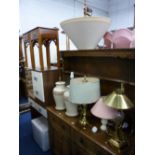 A PAIR OF YEW WOOD BEDSIDE UNITS, with single drawers and five various modern table lamps (sd) (7)