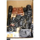A BOX OF SLR, INSTANT AND DIGITAL CAMERAS AND LENSES, including a Zorki 3, Sony a230, Canon EOS
