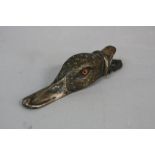 A VICTORIAN SILVER PLATED DUCK'S HEAD LETTER CLIP, with glass eyes, length approximately 16cm