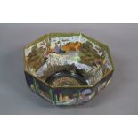 A WEDGWOOD LIMITED EDITION FAIRYLAND LUSTRE WOODLAND BRIDGE PATTERN OCTAGONAL BOWL, circa 1977, worn