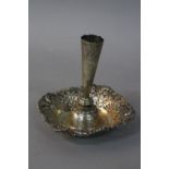 A LATE VICTORIAN SILVER POSY VASE, the vase of conical form, embossed with a foliate border to the