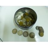 A TIN OF COINS, to include two Victoria crown 1891, France 5 Francs 1848, 1868, other silver