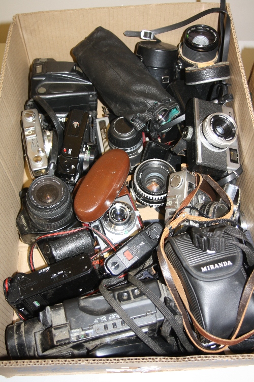 A BOX OF SLR, INSTANT AND VIDEO CAMERAS, including Canon Canonet 28, A35F, EOS 1000, Werra Mat,