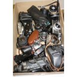 A BOX OF SLR, INSTANT AND VIDEO CAMERAS, including Canon Canonet 28, A35F, EOS 1000, Werra Mat,
