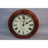 A VICTORIAN WALNUT CASED CIRCULAR WALL CLOCK, painted dial with Roman numerals, marked J.S.