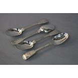 A SET OF FOUR VICTORIAN SILVER FIDDLE AND THREAD PATTERN TABLESPOONS, engraved lion's head crest,