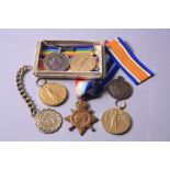 A PLASTIC BOX CONTAINING A NUMBER OF WWI MEDALS, British War & Victory medal pair correctly named to