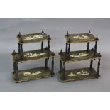 A PAIR OF MID 19TH CENTURY CONTINENTAL THREE TIER MINIATURE HORN WHATNOTS, each tier inlaid with