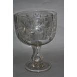 A VICTORIAN ETCHED GLASS PUNCH BOWL OR TROPHY, with Victorian 1876 shilling in the stem, the bowl