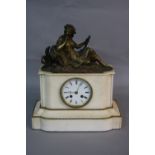 A MID 19TH CENTURY WHITE MARBLE MANTEL CLOCK, the case surmounted by a gilt metal figure of a