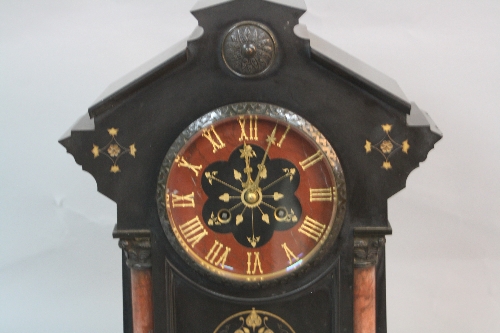 A LATE 19TH CENTURY BLACK SLATE MANTEL CLOCK, of architectural form, the marble and slate dial - Image 2 of 2