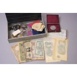 A BOX OF MIXED COINAGE, together with a selection of uncirculated banknotes and others, Fforde one