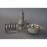 A GEORGE V MAPPIN & WEBB SILVER SAUCE BOAT, wavy rim, 'S' scroll handle, on three cabriole legs with