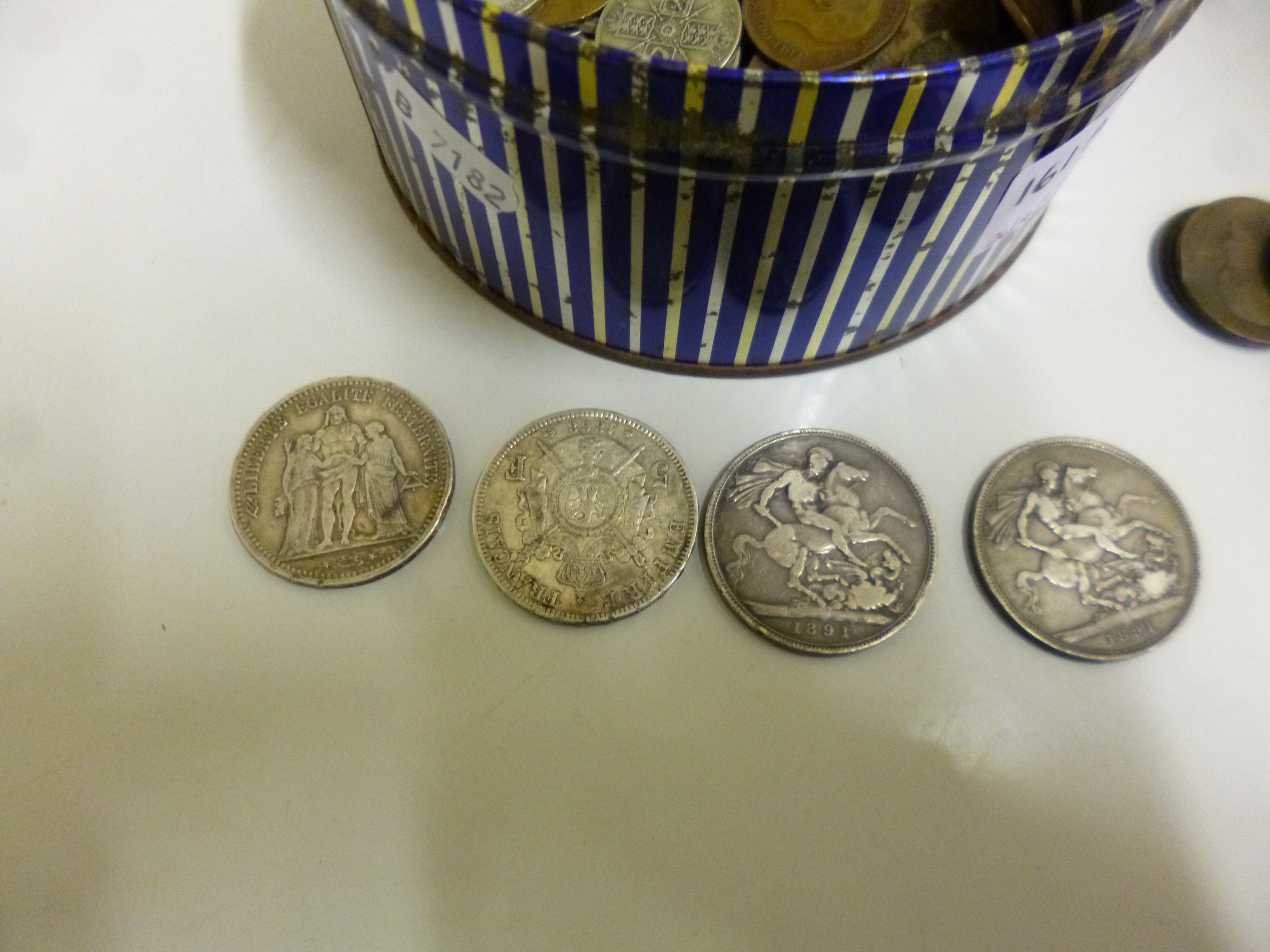 A TIN OF COINS, to include two Victoria crown 1891, France 5 Francs 1848, 1868, other silver - Bild 2 aus 4