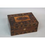 A VICTORIAN ROSEWOOD TUNBRIDGE WARE RECTANGULAR WORK BOX, the top and front inlaid with foliate