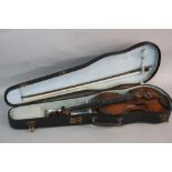 A 19TH CENTURY VIOLIN, two piece back, three of the turning pegs with gold plated insets, bears