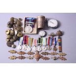 A BOX CONTAINING VARIOUS MILITARY ITEMS, to include two watches (one military issue) Regimental cane
