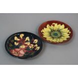 TWO MOORCROFT PIN DISHES, Sunflower and Oberon patterns, impressed and painted marks, diameters