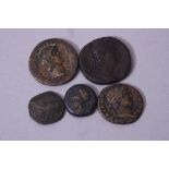 FIVE ANCIENT COINS, to include Nero Rome mint Dupondius Radiate head R., Victory advancing left,