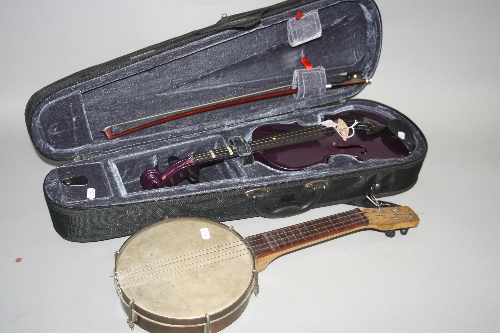 A RAINBOW STUDENTS VIOLIN AND BOW, in semi-hard case, finished in metallic purple, also a vintage