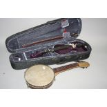 A RAINBOW STUDENTS VIOLIN AND BOW, in semi-hard case, finished in metallic purple, also a vintage