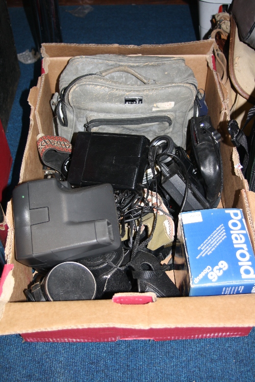 A BOX OF MOSTLY OLYMPUS AND POLAROID CAMERA EQUIPMENT, including OM-1 with Auto S 50mm 1:1.8 lens,
