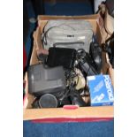 A BOX OF MOSTLY OLYMPUS AND POLAROID CAMERA EQUIPMENT, including OM-1 with Auto S 50mm 1:1.8 lens,