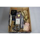 A MISCELLANEOUS BOX, including costume jewellery, ornaments, etc