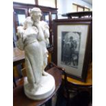 A PLASTER FIGURE, approximate height 70cm, together with associated etching 'Wedded' in glazed oak