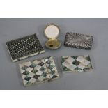 TWO MOTHER OF PEARL CARD CASES, another card case, plated cigarette case and a shagreen compact (5)