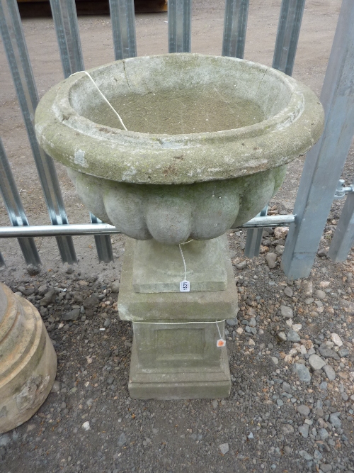 A PRE-CAST GARDEN URN, on seperate plinth, approximate height 95cm, (sd)