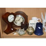 AN EDWARDIAN BALLOON SHAPED MANTEL CLOCK, (key), another clock (key and pendulum), together with