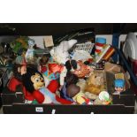 TWO BOXES OF TOYS, GAMES, SOFT TOYS, etc, to include Chad Valley, Mickey Mouse and Pedigree Lion