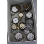 A BOX OF MISCELLANEOUS POCKET WATCHES, a wristwatch and watch chains