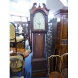 A GEORGIAN OAK AND MAHOGANY LONGCASE CLOCK, eight day movement, painted arched dial, marked R