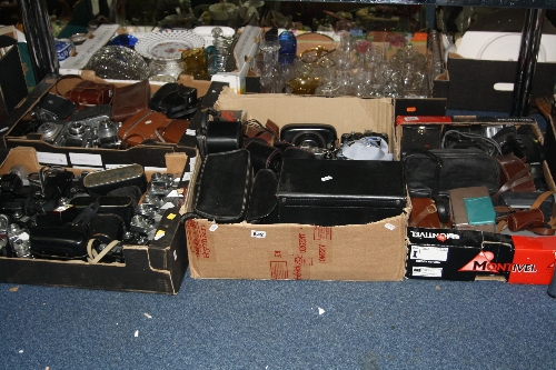 FOUR BOXES OF CAMERA AND OPTICAL EQUIPMENT, including Zenit, Canon, Praktica, etc